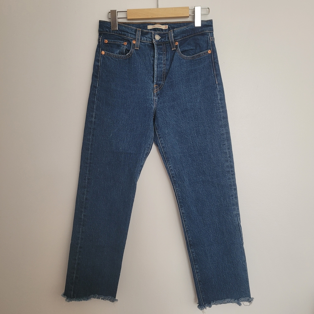 Levi's Wedgie Straight Medium Wash Denim Jeans Size W 26 L26 Women Frayed Hem - Picture 2 of 11